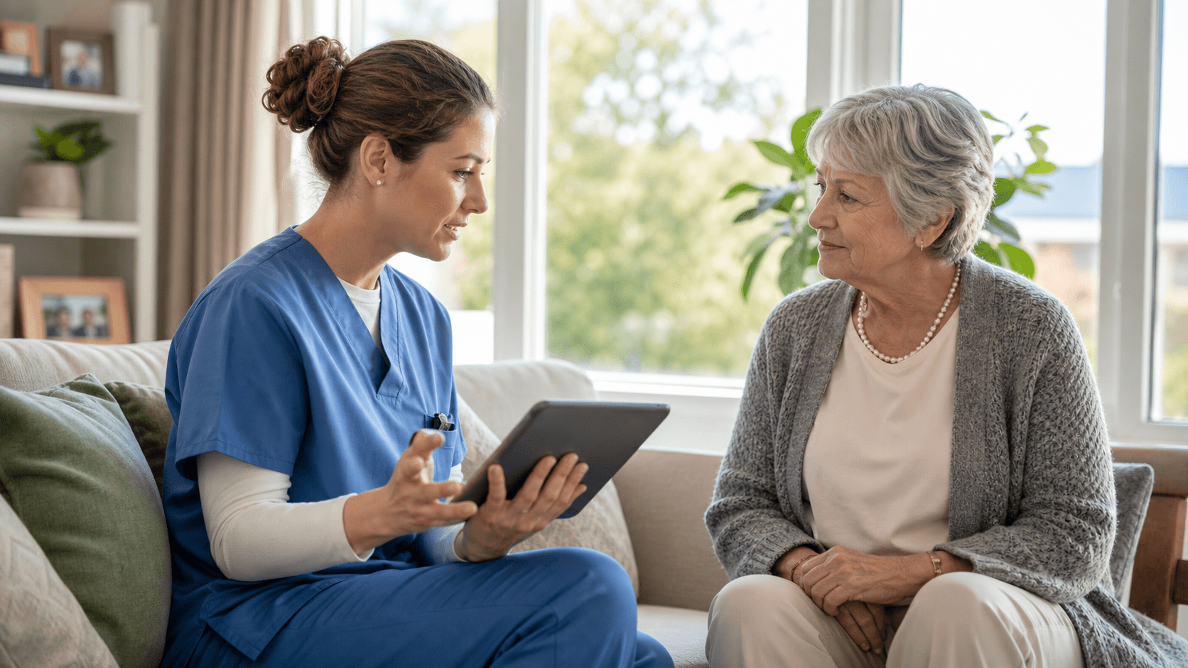 A healthcare professional speaking with a patient at home